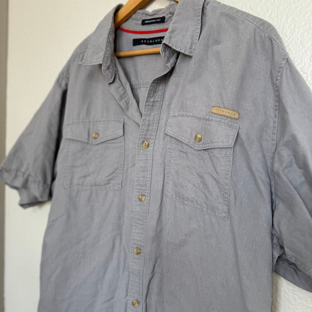 Sean John Mens Button Shirt Linen Cotton Beige 2XL Short Sleeve Front Pockets